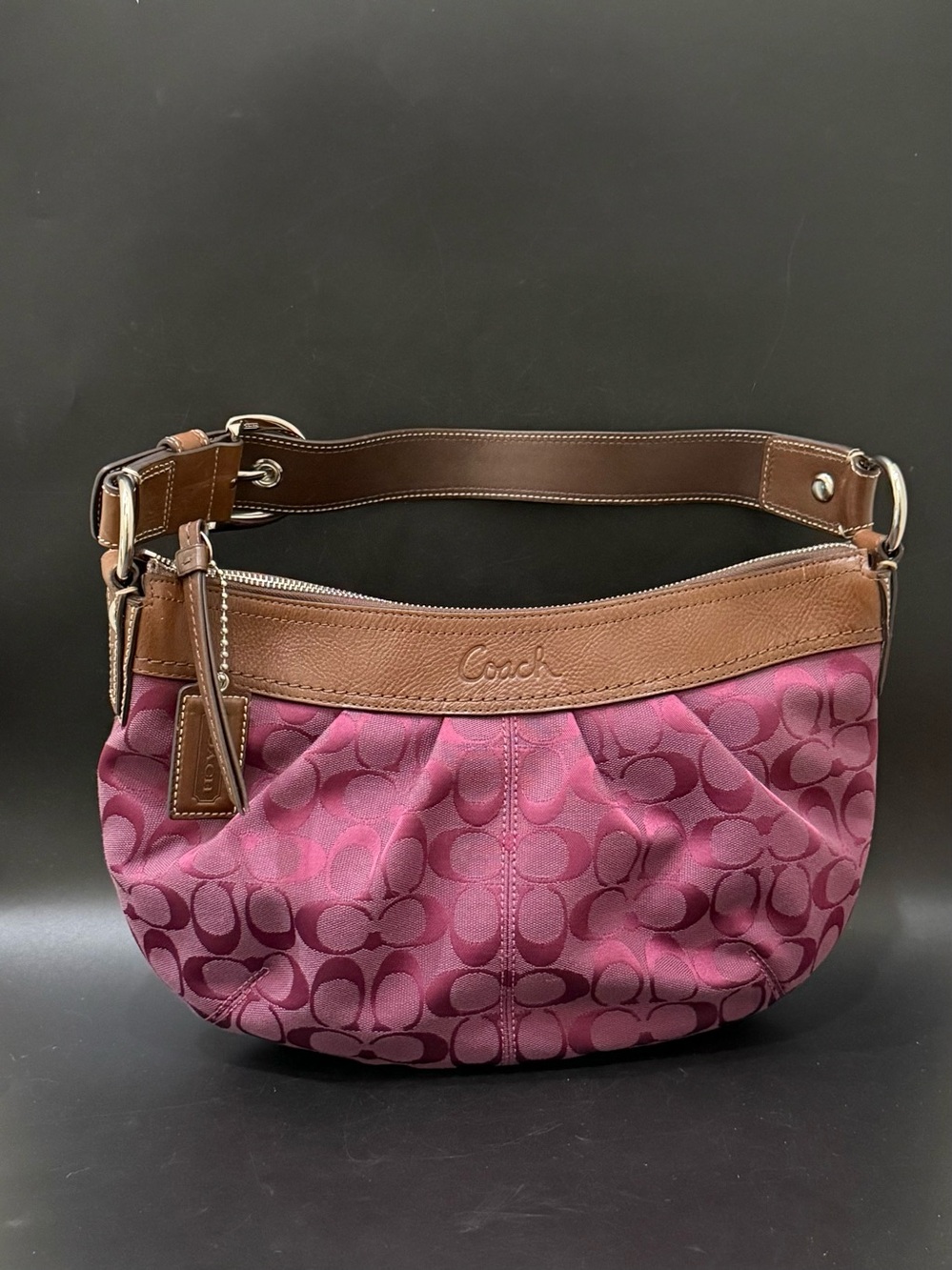 Vintage Y2K COACH F13740 Signature Pleated Hobo Bag Jacquard Plum Purple Canvas